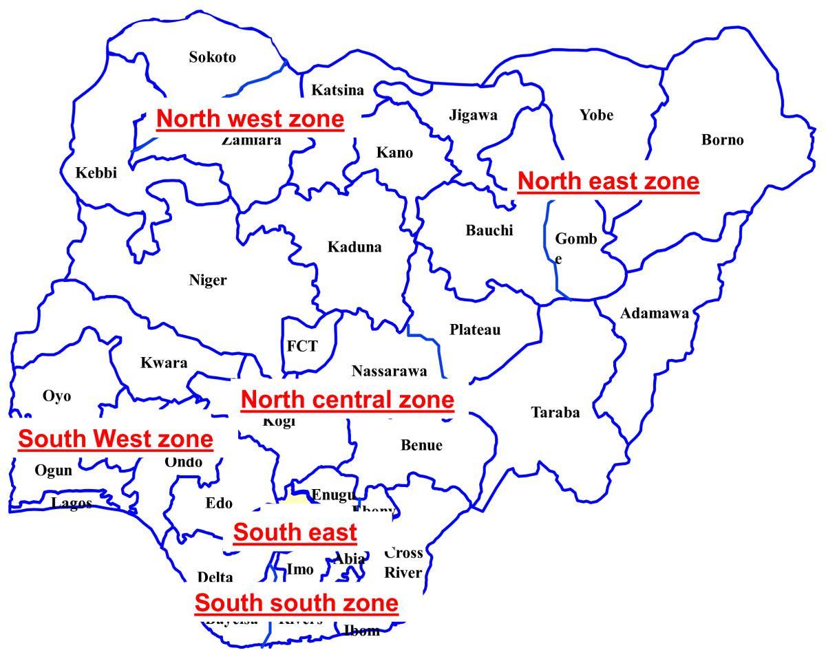 Karte von nigeria zeigt sechs geopolitischen Zonen