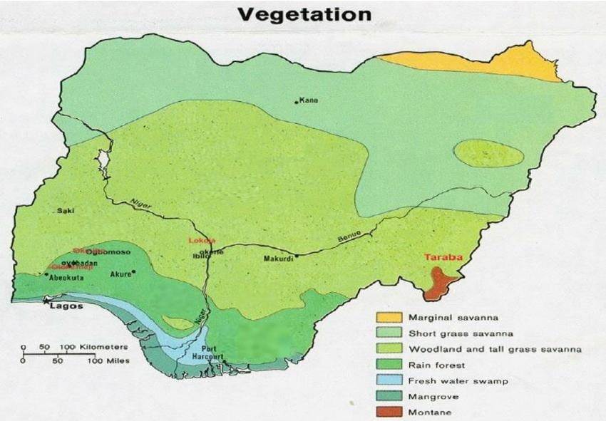 Karte von nigeria zeigen, die vegetation
