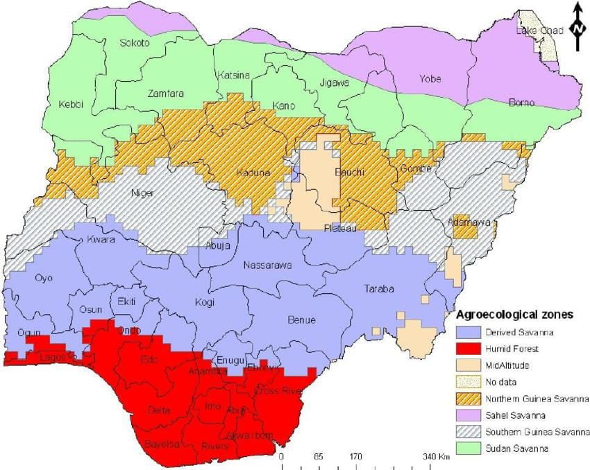 Karte von nigeria zeigen, die ökologische Zonen