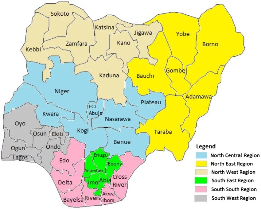Karte von nigeria zeigen, die geopolitischen Zonen