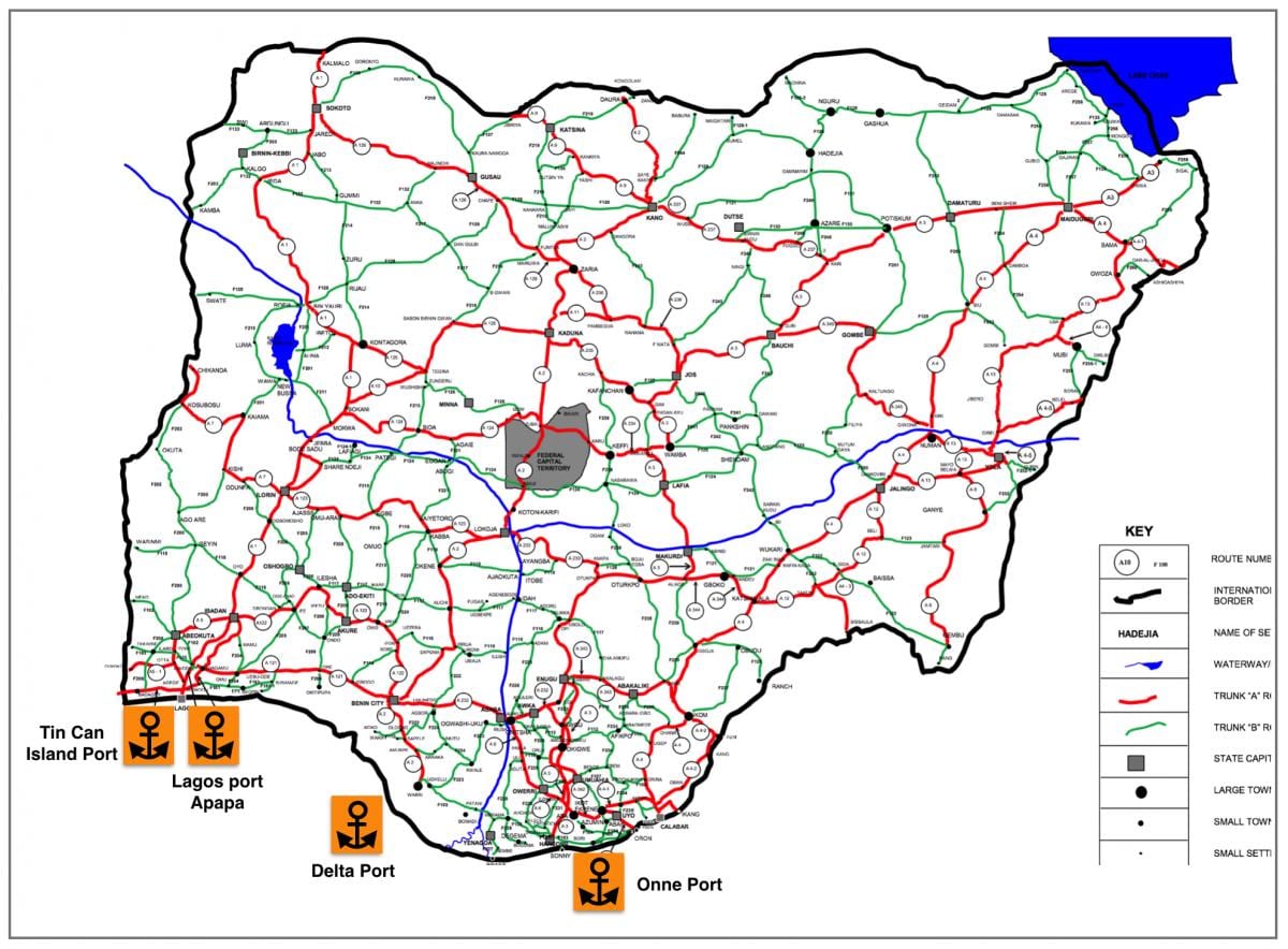 Karte von nigeria zeigt Straßennetz