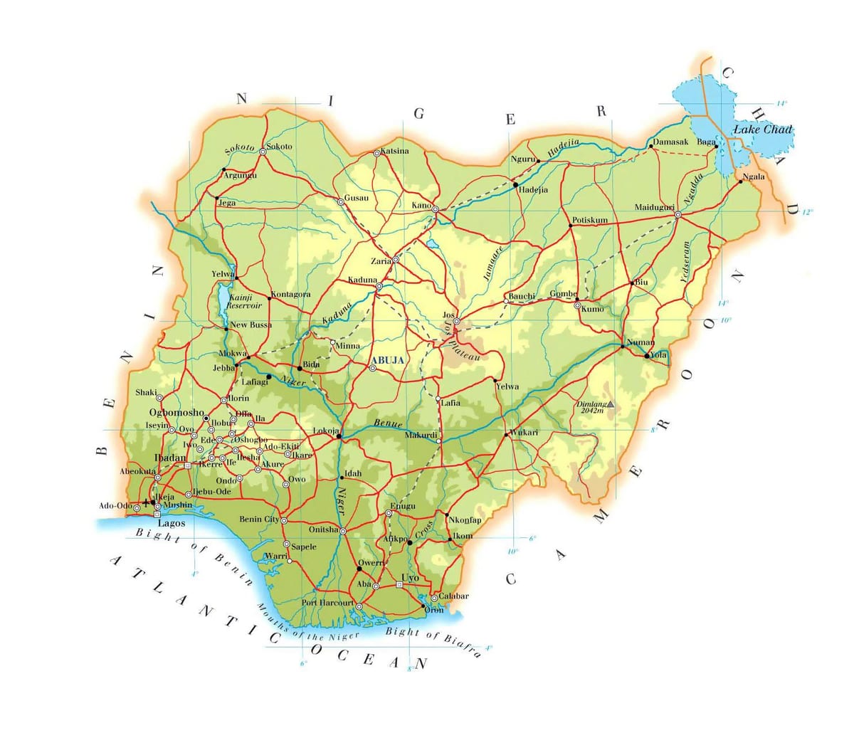 Karte von nigeria elevation