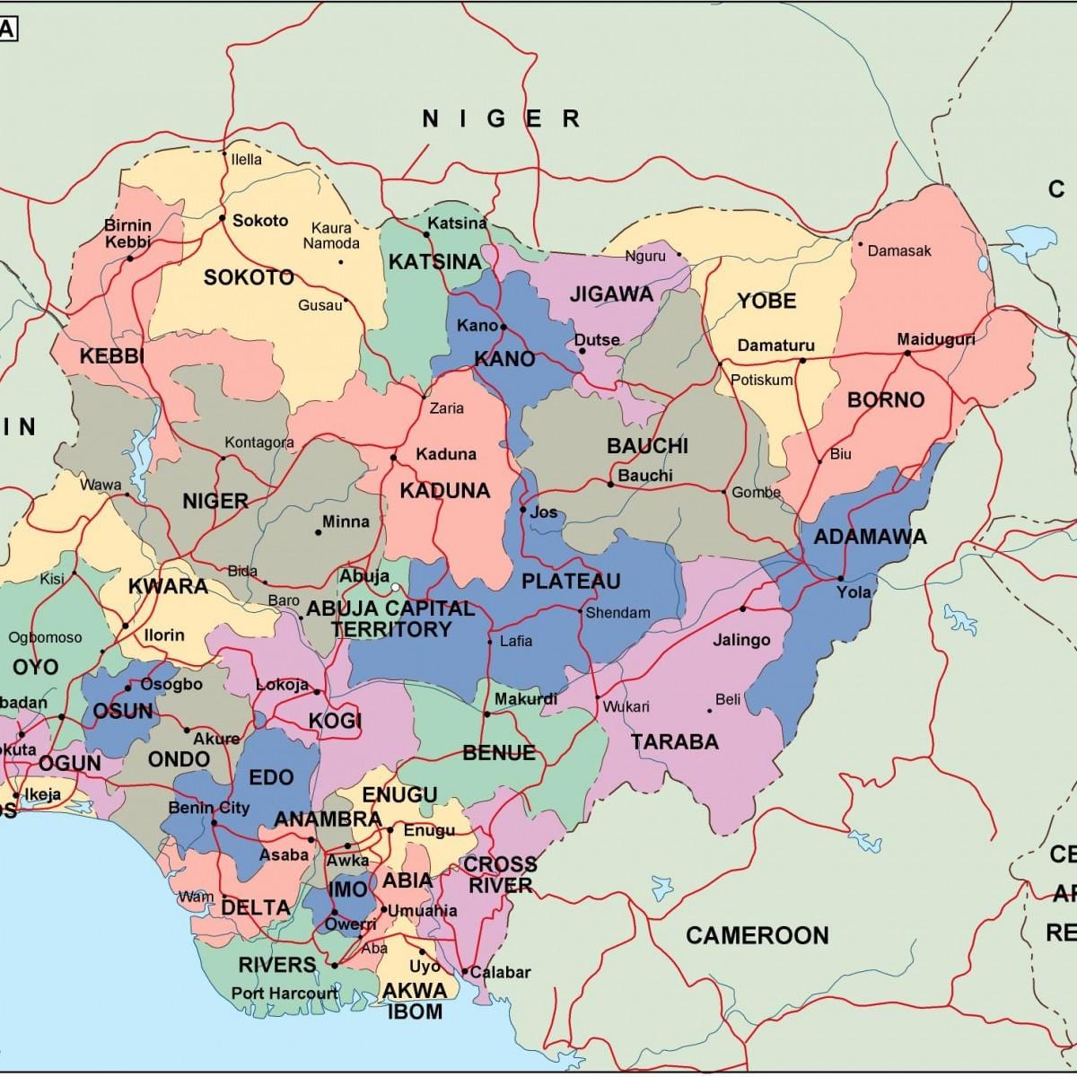 Karte von nigeria mit Staaten und Städten