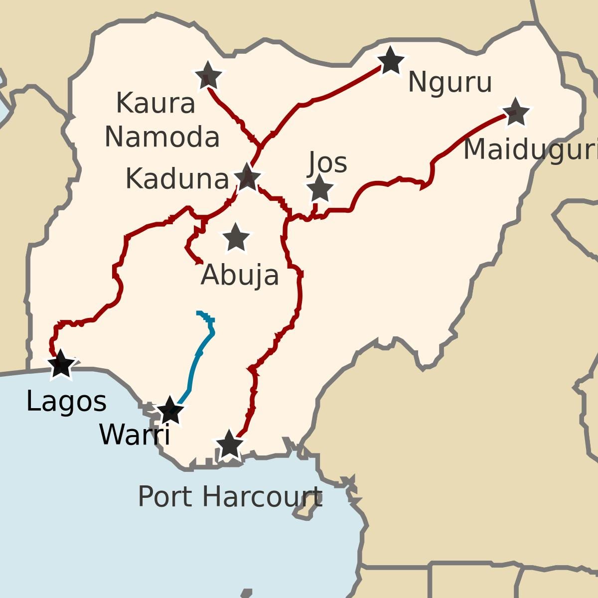 Karte von nigeria zeigt-Bahn-Linien