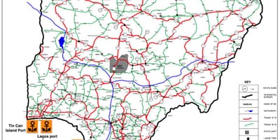 Karte von nigeria zeigt Straßennetz